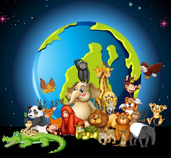 Many animals round the world on white Free Vector