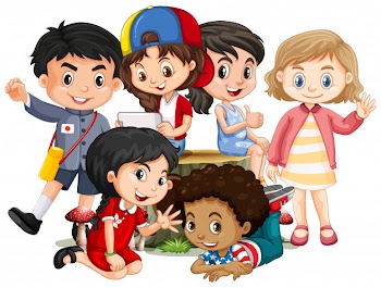 Many children with happy face sitting on log Free Vector