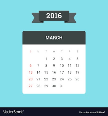  					March 2016 Calendar vector image														
