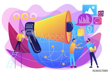 Marketing specialist with loudspeaker influence businessmen and globe