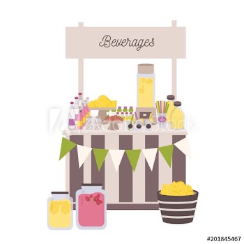 Marketplace or counter with signboard, bottles and jars with lemonade and other beverages