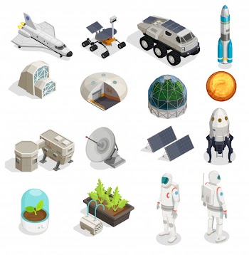 Mars colonization isometric set of astronauts in spacesuits rover explorer space rocket satellite solar panel elements Free Vector