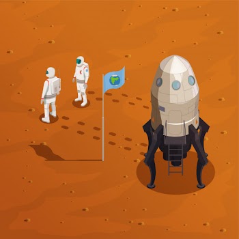 Mars exploration concept with two astronauts in spacesuit walking on surface of red planet Free Vector