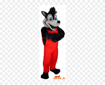 Mascot Black And Gray Wolf In Red Overalls - Fantasia De Lobo Mau