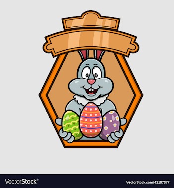 mascot rabbit cartoon with three eggs logo happy