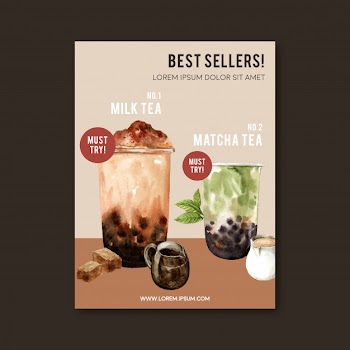 Matcha and brown sugar bubble milk tea set, poster ad, flyer template, watercolor illustration Free Vector
