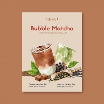 Matcha and brown sugar bubble milk tea set, poster ad, flyer template, watercolor illustration Free Vector