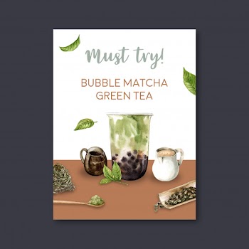 Matcha bubble milk tea set, poster ad, flyer template, watercolor illustration Free Vector