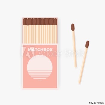 Matchbox of modern design and pair of wooden matches lying beside it isolated on white background