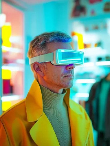 Mature Male Salesperson in Fashion Shop with Augmented Reality Glasses Mature Male Salesperson in Fashion Shop with Augmented Reality Glasses