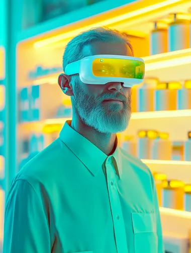 Mature Male Salesperson in Fashion Shop with Augmented Reality Glasses Mature Male Salesperson in Fashion Shop with Augmented Reality Glasses