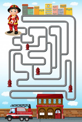 Maze game with fire fighter and station Free Vector
