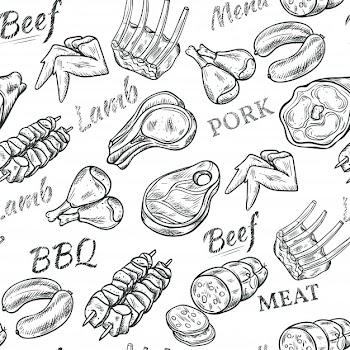 Meat black white sketch seamless pattern with beef and pork Free Vector