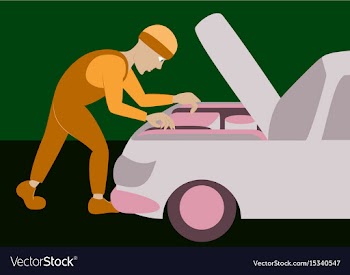 Mechanic repairs car motor vector image