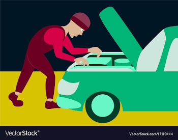 Mechanic repairs car motor vector image