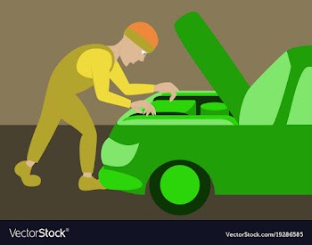 Mechanic repairs car motor vector image