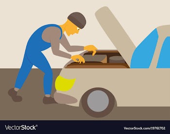 Mechanic repairs car motor vector image