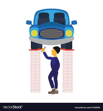 Mechanic standing under car and repairing a car vector image