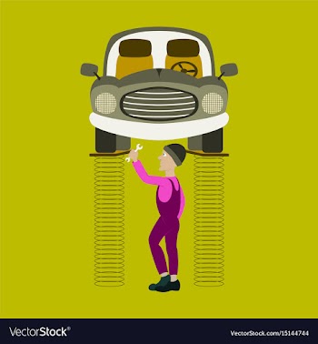 Mechanic standing under car and repairing a car vector image