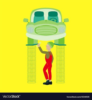 Mechanic standing under car and repairing a car vector image