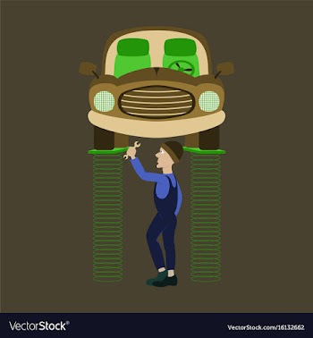 Mechanic standing under car and repairing a car vector image