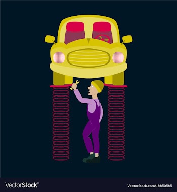 Mechanic standing under car and repairing a car vector image