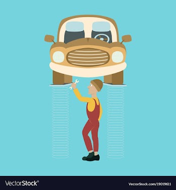 Mechanic standing under car and repairing a car vector image