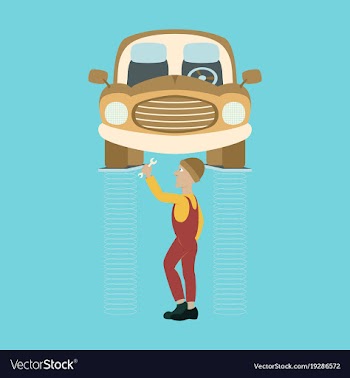 Mechanic standing under car and repairing a car vector image