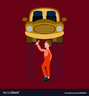 Mechanic standing under car and repairing a car vector image