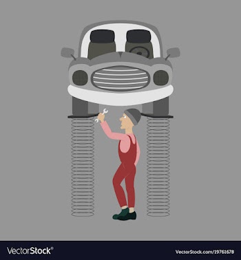 Mechanic standing under car and repairing a car vector image