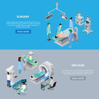 Medical equipment isometric set of two horizontal banners with read more button editable text and images Free Vector