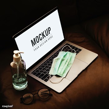 Medical mask on a laptop with a mockup screen | Free  psd mockup - 2296205