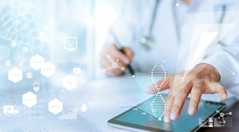Medicine doctor hand touching computer interface as medical network connection with modern virtual screen, medical technology network concept