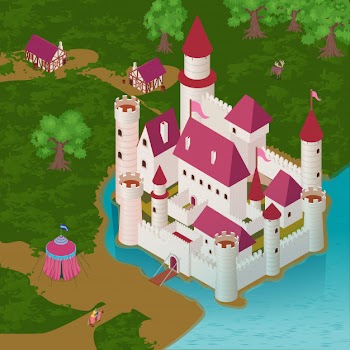 Medieval castle on river bank with royal tent knight on horseback houses of citizens isometric Free Vector