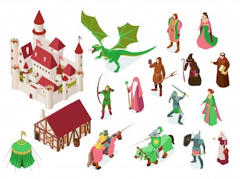 Medieval fairy tale isometric set with royal castle knights priest witch and dragon isolated Free Vector