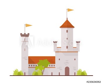 Medieval fortress, fairytale castle, citadel with towers and gate isolated on white background