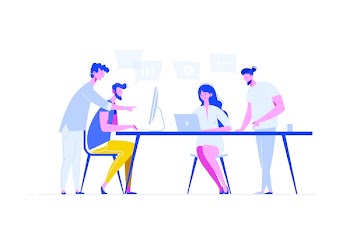 Meeting business people in a flat style. Team discusses social network, news, chat, dialogue speech bubbles near them, negotiate new projects. Discussion of the company's business strategy. Vector.