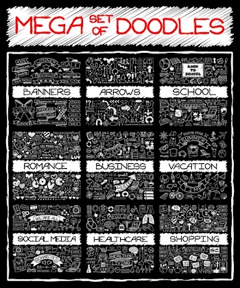 MEGA set of doodles. Chalk board hand drawn doodle symbols. Super collection:  banners, arrows, back to school, romantic love, business and finance, vacation, social media, healthcare and shopping set