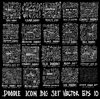 MEGA set of doodles of Party, Leave ,Healthcare, School, Contact, Shopping, Wedding, Travel, Idea, Business, Finance, Ecology, Media, Internet, Weather, Meeting, Human, Music, arrow on chalkboard