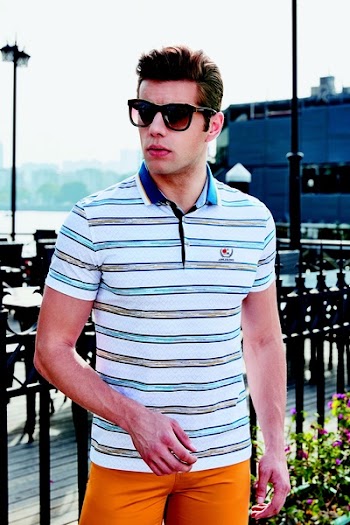 Men's Blue and White Striped Polo Shirt