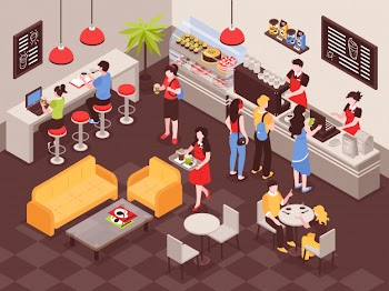 Men and women ordering drinks in coffee house 3d isometric Free Vector