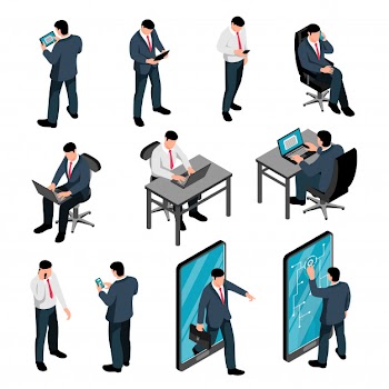 Men with device isometric set of male characters holding smartphones texting talking and working using laptop isolated Free Vector