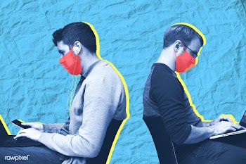 Men with masks sitting in public social template mockup | Free  psd mockup - 2315133