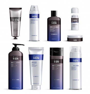 Mens cosmetics bottles design colored realistic icon set with blue and black line logos  illustration Free Vector