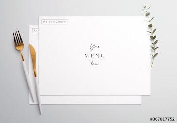 Menu on Table with Cutlery and Eucalyptus Mockup