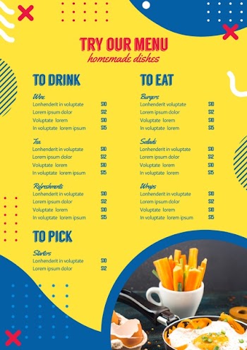 Menu template for restaurant in memphis style Free Psd