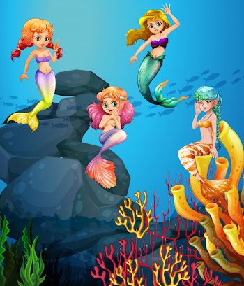 Mermaids swimming under the ocean Free Vector