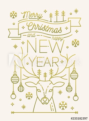 Merry Christmas and Happy New Year greeting card or postcard template with deer antlers decorated by baubles, snowflakes, spruce trees