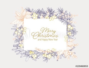 Merry Christmas and Happy New Year holiday wish inside frame made of branches, leaves and berries of seasonal plants hand drawn with contour lines