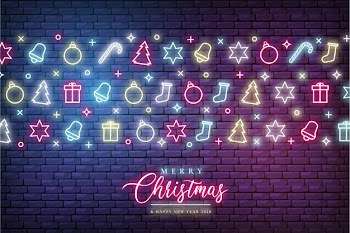 Merry christmas background with neon lights Free Vector
